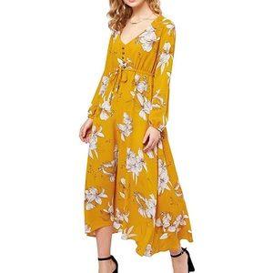 Yellow Floral Long Sleeve Midi/Maxi Dress